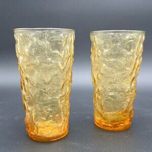 Anchor Hocking Milano Crinkle Honey Gold Glassware 12 oz Flat Tumblers Set of 2